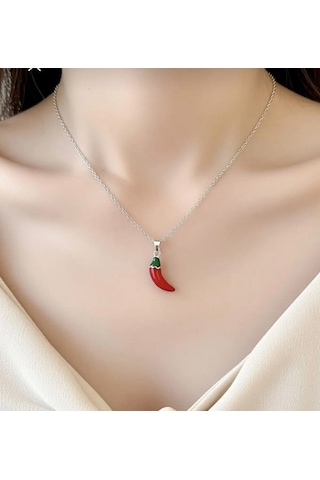 Kadın & Erkek Şık Tasarım Çelik Kırmızı Chili Biber Figürlü Takı Minimalist Şans Kolye Gümüş