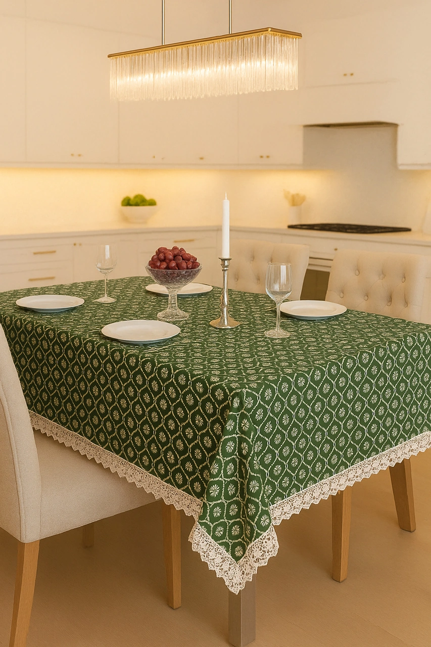 Klasik Ve Zarif Yeşil Sofra Masa Örtüsü Lüks Dantelli Kenar Detaylı Modern Şık Ve Kaliteli Kumaş Yeşil