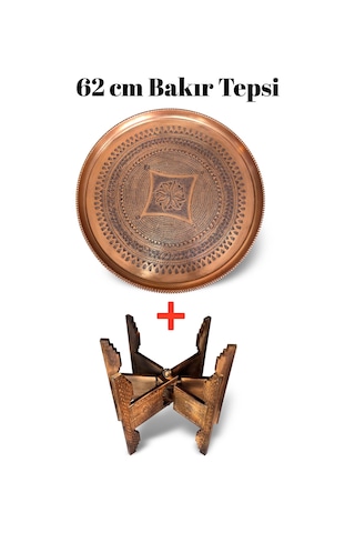62 Cm El İşlemeli Otantik Desenli Kalın Urfa Bakır Tepsi + Katlanabilir Sehpa - Bakır-tps500 Antik Bakır