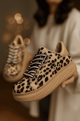 Günlük Kadın Sneaker Leopar Desenli Bağcıklı Oval Burun Yüksek Kalın Topuklu Spor Ayakkabı 313 Açık Leopar