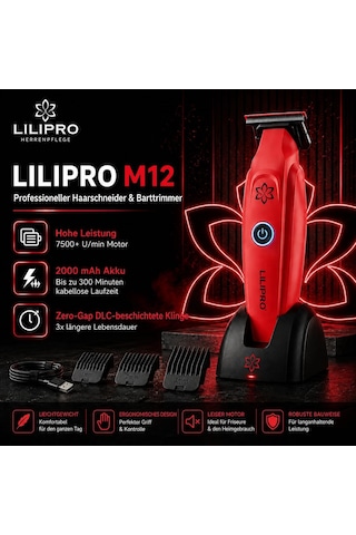 M12 Profesyonel Saç Sakal Kesme Ve Tıraş Makinesi Şarjlı Kablosuz Ense Çizim Makinesi Zero-gap Dlc T-bıçak 7500 Rpm Usb-c 2000 Mah Berber & Ev Tipi Kırmızı