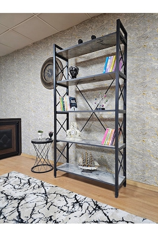 Siyah Boyalı Kitaplık - 5 Raflı Suntalem Lüks Kitaplık Marmol Çok Renkli