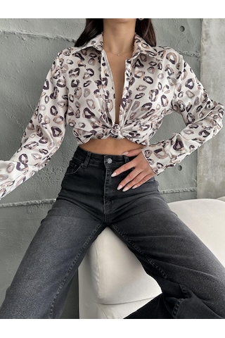 Kadın Oversize Ekru Renk Kahve Öpücük Detaylı Saten Gömlek-kahve Kahve