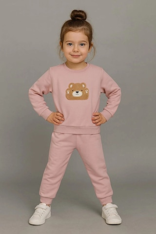 Sevimli Ayıcık Nakışlı %100 Pamuk 2 Li Çocuk Eşofman Takımı Gül Kurusu