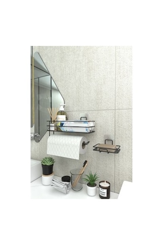 Metal Sabunluk Ve Kağıt Havlu Tutacağı İle Banyo Rafı Seti Açık Kahverengi