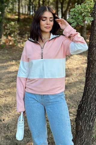 WeShaya Kadın Pembe Uzun Kol, Dik Yaka, Fermuarlı, Double Color Block Basic Sweatshirt Bluz Pembe