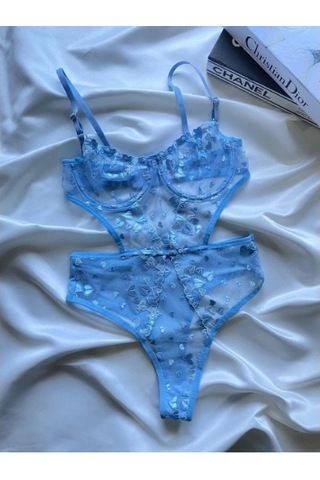 Arona Kadın Transparan Çiçek Desenli Tül Mavi Bodysuit Kalp Desenli Mavi
