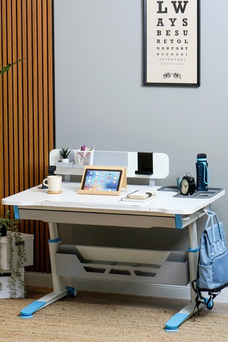 Sirius Standart Yükseklik Ve Eğim Ayarlı Çekmeceli Bilgisayar, Ofis Ve Çalışma Masası Ekru Mavi Gri