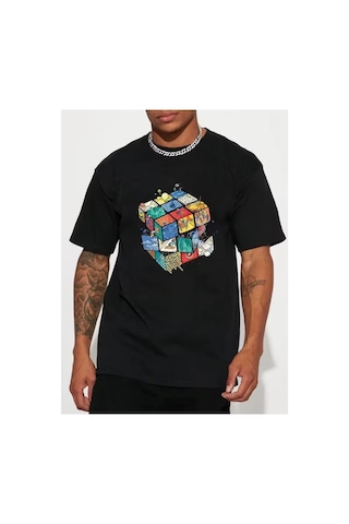 Kübik İllüstrasyon Tasarım Baskılı Kompact T-shirt Siyah