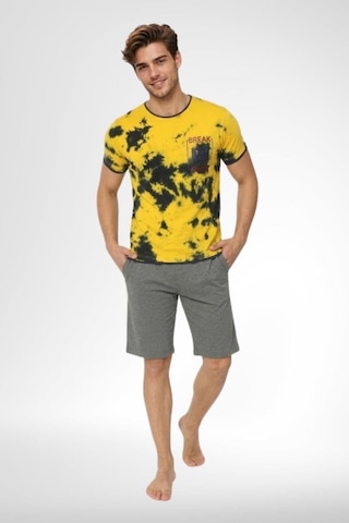Mecit Pijama Mecit 4001 Erkek Pamuklu Sarı Batik Desenli Şortlu Pijama Takımı