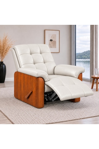 Smarto Relax Ceviz Ahşap Yan Panelli Gerçek Deri Manuel Mekanizmalı Yatar Ayak Uzatmalı Ergonomik Tv Koltuğu Baba Koltuğu Kahverengi
