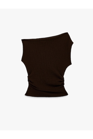 Koton Bürümcük Kumaş Slim Fit Dokulu Kolsuz Asimetrik Yaka Bluz Kahverengi 6sak10006ek Kahve