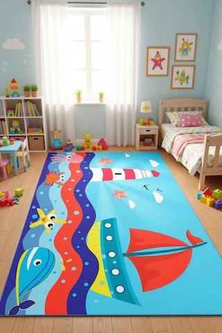 Deniz Ve Sandal Çocuk Odası Halısı Mavi