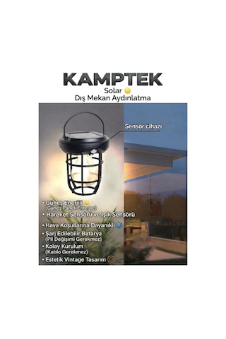 Kamptek Güneş Enerjili Solar Kamp Dış Mekan Bahçe Kapı Feneri - Askılı Nostaljik Filaman Led Kamp Lambası Siyah