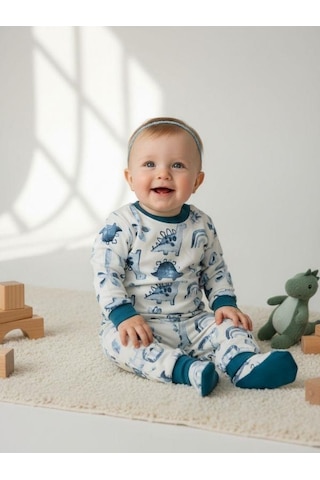 Zekids Erkek Bebek Pamuklu Dinazor Desenli Pijama Takımı-16268 Mavi