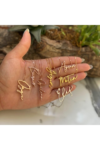 Isimli Dikey Imza Altın Gold 925 Ayar Gümüş Zincir Kolye Kişiye Ö (536422937)