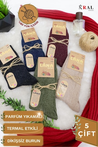 Kral Socks Çorap 5 Çift Kışlık Yün Çorap Lambswool Özel Kuzu Yünlü Kadınlar Için Termal Özellikli ASORTİ