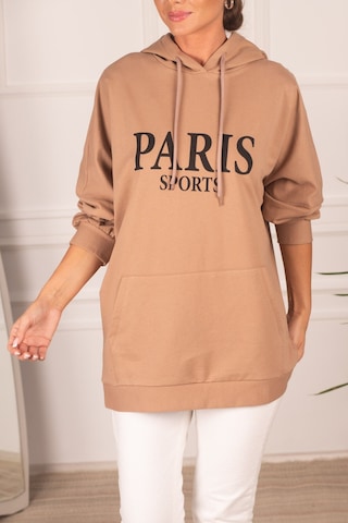 Armonika Kadın Vizon Önü Yazılı Kanguru Cepli Kapüşonlu Oversize Uzun Kol Sweatshirt Arm-24k024008