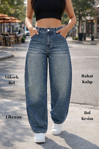 Cedy Denim Cedy Denım Yüksek Kalite Kadın Yüksek Bel Baggy Skater Jean Mavi