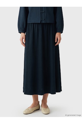 Lcw Modest Lacivert Beli Lastikli Keten Karışımlı Kloş Etek