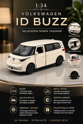 Volkswagen Id Buzz 1:34 Beyaz Metal Diecast Çek Bırak Model Araba Çok Renkli