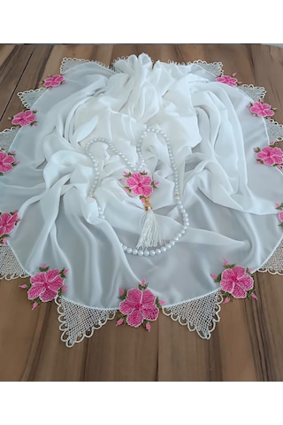 İğne Oyası Pembe Çiçek Motifli Namaz Örtüsü Ve Tesbih Takımı - Çeyizlik Set Beyaz - Fuşya