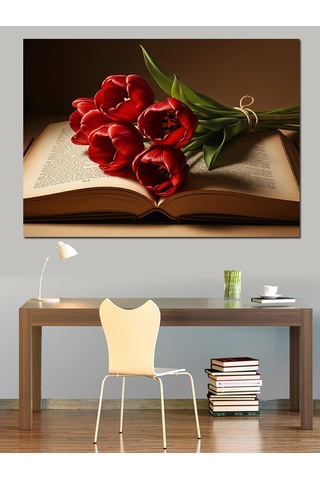 Kitap Üzerinde Kırmızı Gül Buketi Dekoratif Kanvas - Mdf Ahşap Tablo