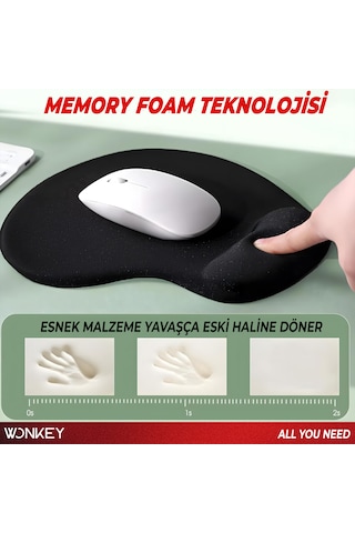 Wonkey - Bilek Destekli Mouse Pad, Memory Foam Hafızalı Süngerli Ergonomik Fare Altlığı, Kaymaz Tabanlı Mousepad, Ofis, Bilgisayar Ve Laptop Kullanımına Uygun Masa Pedi Siyah