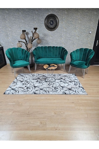 Zafir Krom Kaplama Tel Ayak Papatya Çay Seti Koltuk Takımı , Balkon, Salon, Ofis, Cafe Koltuk Takımı Yeşil