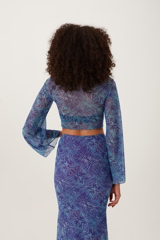 Quhox Kadın Ön Astarlı Mesh Crop Bluz Mavi