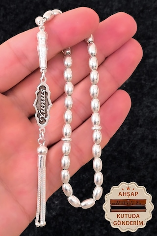 İsimli Gümüş Tesbih Arpa Kesim Kişiye Özel İsim Yazılı Gümüş Tesbih 925 Ayar St388 Gümüş - Siyah