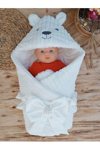Yenidoğan Beyaz Wool Yün Kumaş Ayıcık Kulaklı Kundak Bebek Battaniyesi Beyaz