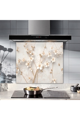Decorita Cam Ocak Arkası Koruyucu| Beyaz Çiçek-Gold | 52cm x 60cm