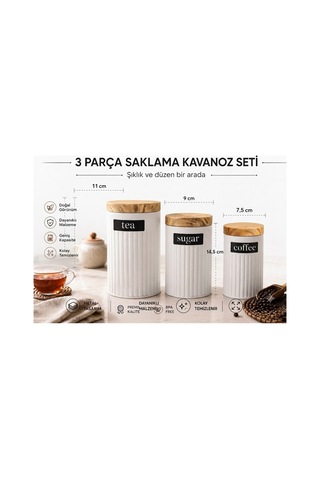 3 Parça Saklama Kavanoz Seti,bambu Kapaklı Erzak Kabı,metal Çay Kahve Şeker Mutfak Saklama Kabı-renk Seçenekli Beyaz