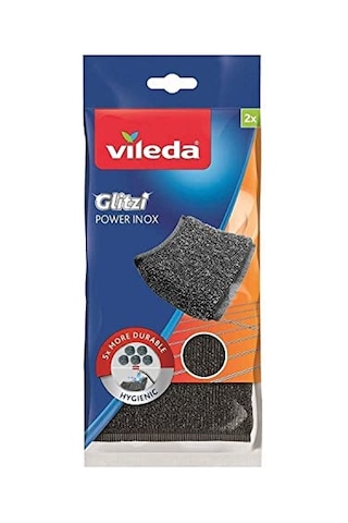 Vileda Glitzi Power Pad Inox, Ekstra Kaliteli, Pas Tutmaz, Zorlu Lekeleri Söker, 2'li Paket Açık Indigo