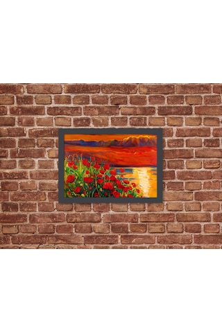 Ahşap Kendinden Çerçeveli Tablo - Yag Lı Boya Gün Batımı Kırmızı Gelincik, Standart - 20x28cm