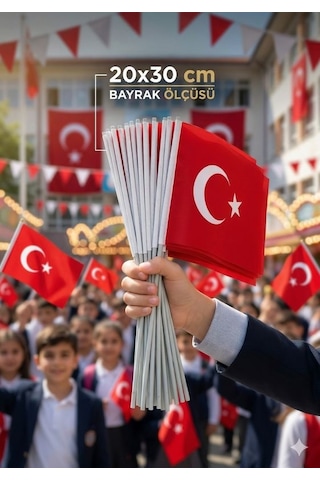 Premium 23 Nisan Türk Bayrağı - Tekli Alpaka Plastik Saplı, 20x30cm Tek Ebat