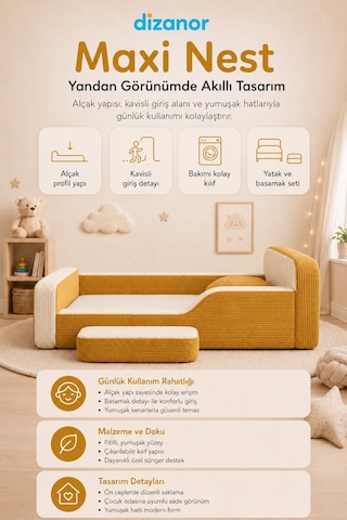 Dizanor Maxi Nest Montessori Çocuk Karyola Yatak Seti Sarı Fitilli 140 X 200