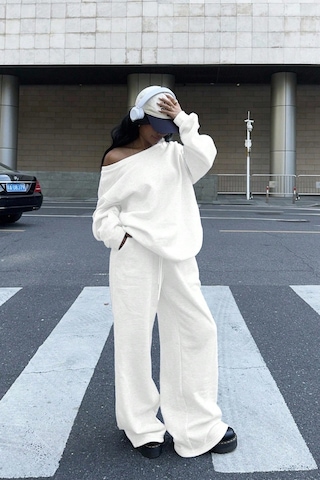 Cool Tarz Kadın Düşük Omuz Yumuşak Basic Sweat Eşofman Takımı Beyaz Beyaz