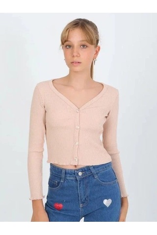 Kız Çocuk Kaşkorse Taşlı Düğmeli Hırka-14807 Bej