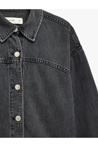 Koton Klasik Yaka Uzun Kollu Düğmeli Oversize Keten Karışımlı Jean Gömlek Siyah 7wal60003md