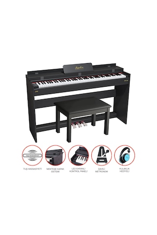 Jwin Sapphire Sdp-130 Siyah Tuş Hassasiyetli 88 Tuşlu Kapaklı Dijital Piyano Tabure+ Kulaklık