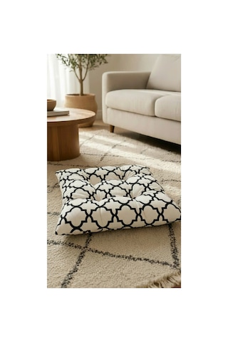 Geometrik Desenli Yer Minderi - 60x60 Cm Puf Oturma Minderi Pofuduk Balkon & Salon Minderi Siyah - Beyaz