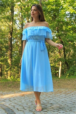 Neşeli Butik Kadın Bebe Mavisi Kuşaklı Madonna Yaka Baby Shower Elbise Nb8060 Bebe Mavisi