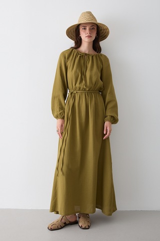 Haki Bağlama Detaylı Müslin Elbise - 2004 Haki