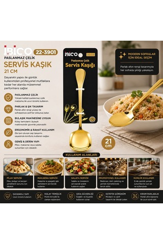 İbico İ22-443 21cm Gold Altın Metal Servis Kaşık - 12'li Paket Diğer