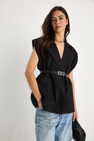 Shade Kadın Cep Detaylı Kemerli Vatkalı Oversize Astarlı Blazer Yelek 11143 60281003 - Siyah