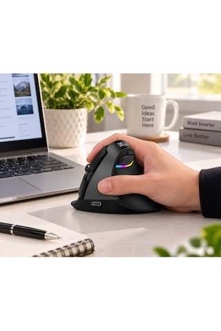 Luve Store Ergonomik Dikey Kablosuz Mouse Bluetooth 2.4 Ghz Şarjlı Sessiz Rgb 2400 Dpı M618 Mini