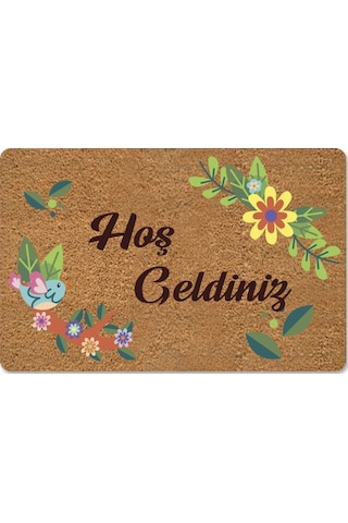 Hoş Geldiniz Yazılır Temalı Kedili Dekoratif Dış Kapı Önü Ve Iç Mekan Paspası Haki Yeşili