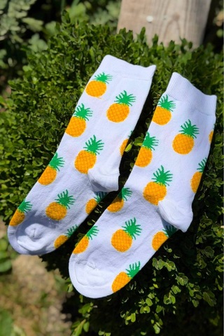 Lousocks Unisex Ananas Desenli Beyaz Soket Çorap